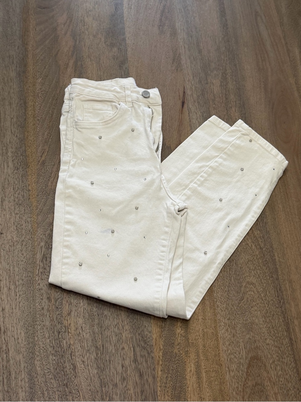 stradivarius Cream Skinny Jeans with Rhinestone Accents